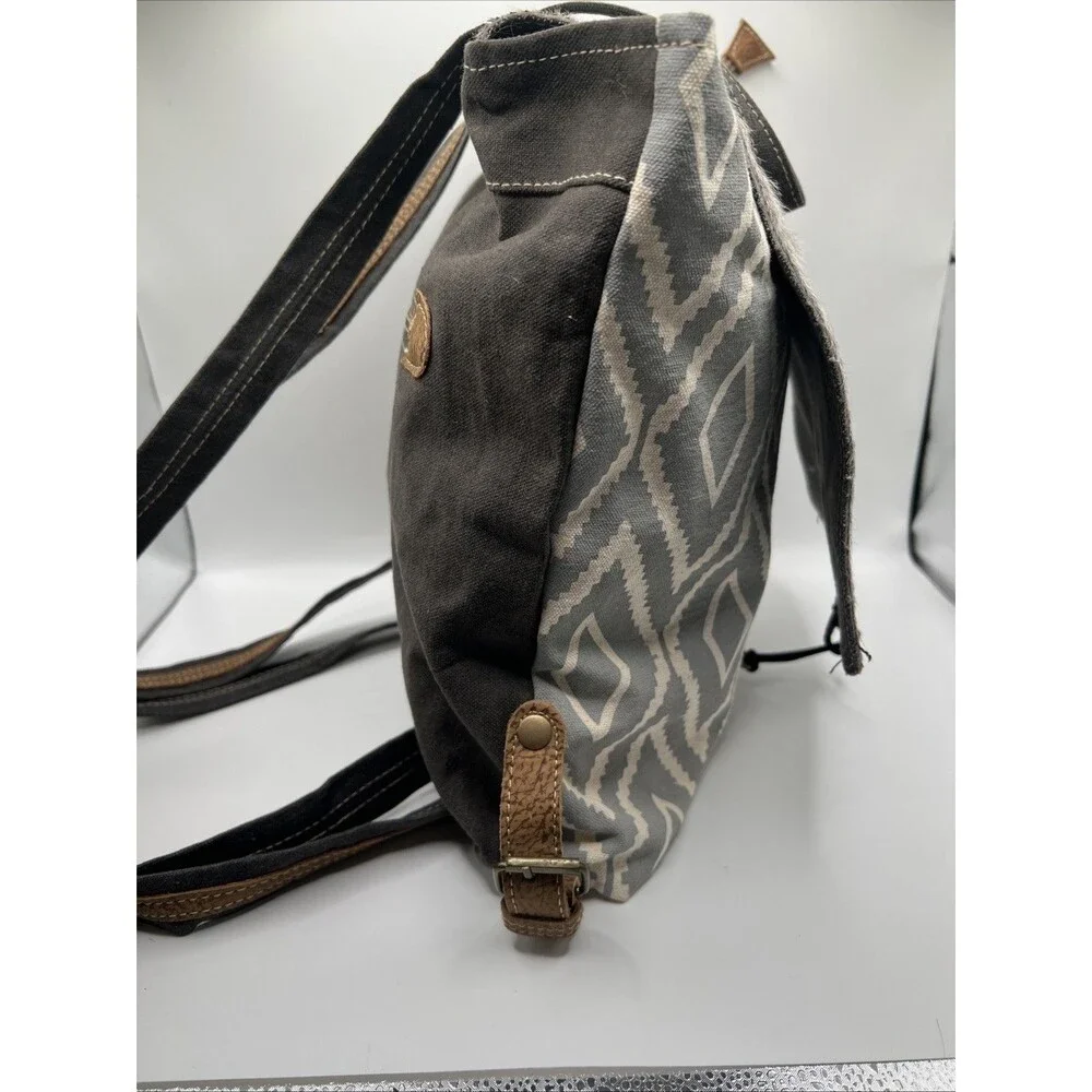 Myra Bag‎ Aztec Motif, Leather, Cotton Backpack, Flap Closure, Grey/White, VGC